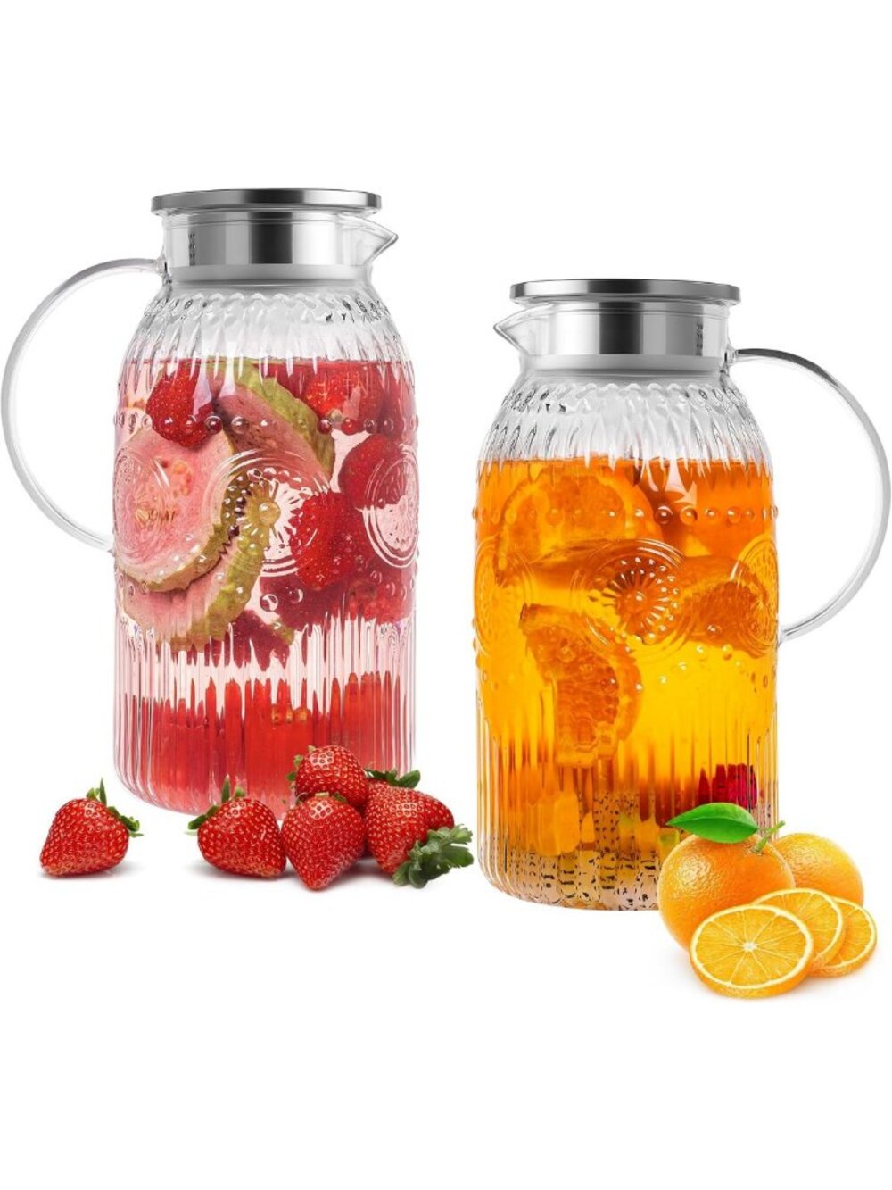 Vintage Glass Pitcher Set with Lid - 68 oz Water Carafe for Iced Tea, Lemonade